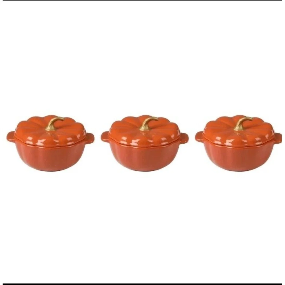 Pioneer Woman Mini Pumpkin Cocottes 3Pc Set Ceramic Casserole Dish Orange 13.5oz